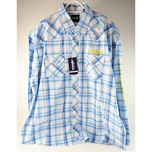 Wrangler XXL Plaid Pearl Snap Shirt Western Blue Rodeo Embroidered NWT